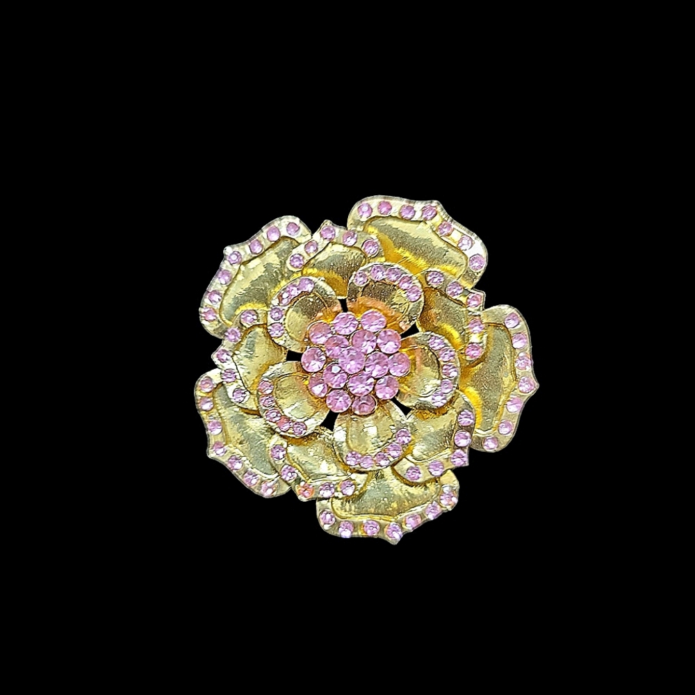 Vintage Goldtone Flower Brooch Pin with Pink Rhinestones 2" Diameter